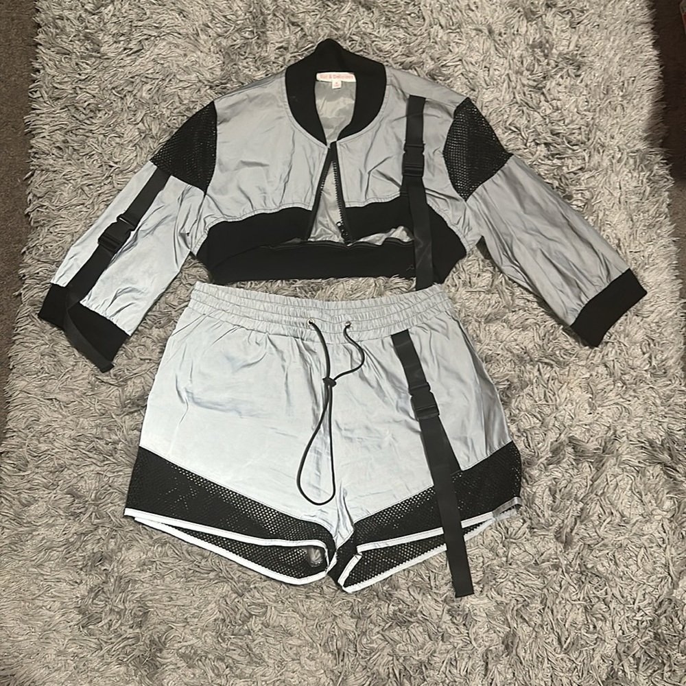 Cute Coachella outfit Silver/Black Reflection Color Two Piece Short Set